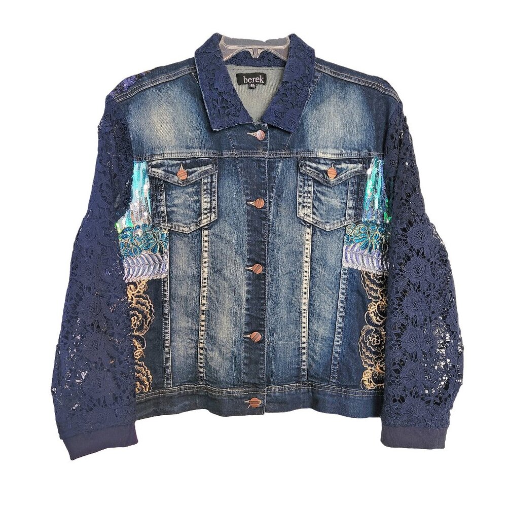 Berek Denim Lace Sequin Applique Jacket